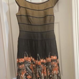 Zac Posen Olive and Black Midi Dress with Vibrant Orange Details